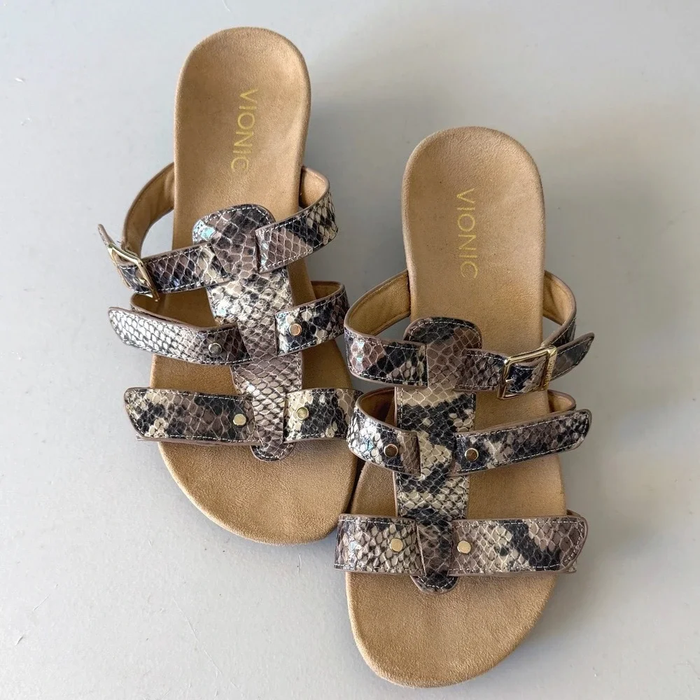 Vionic Womens Radia Snake Print Wedge Sandals Strappy Orthotic Brown Size 8 Wide